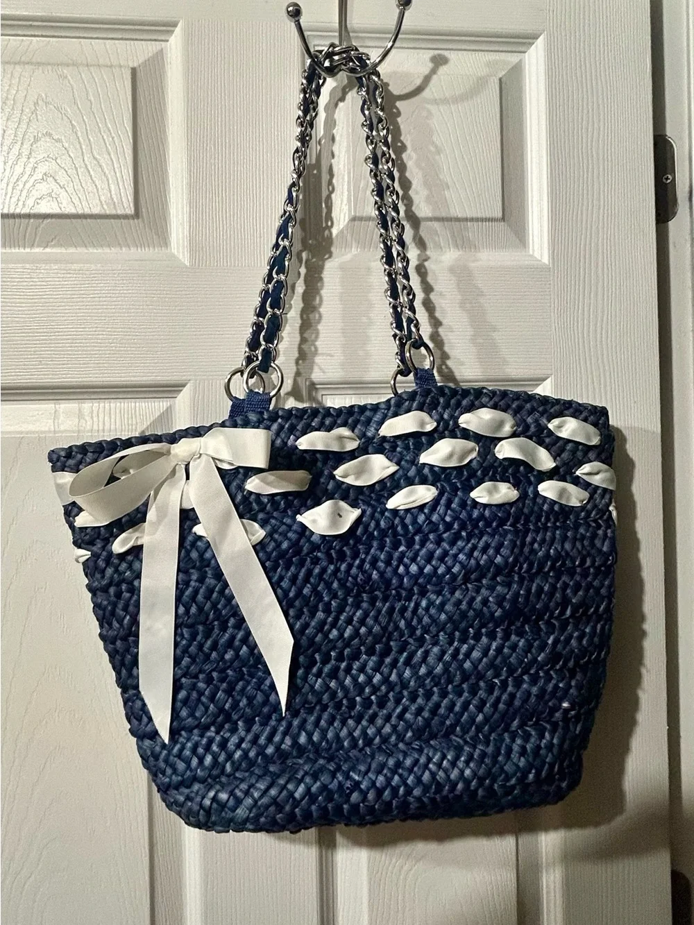 Woven Navy Straw Tote with White Ribbon Accent